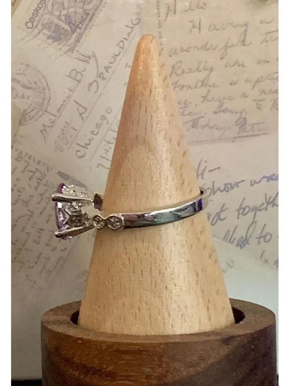 Vintage Stunning Amethyst Color Ring with Sparkling Accents in Silver Tone